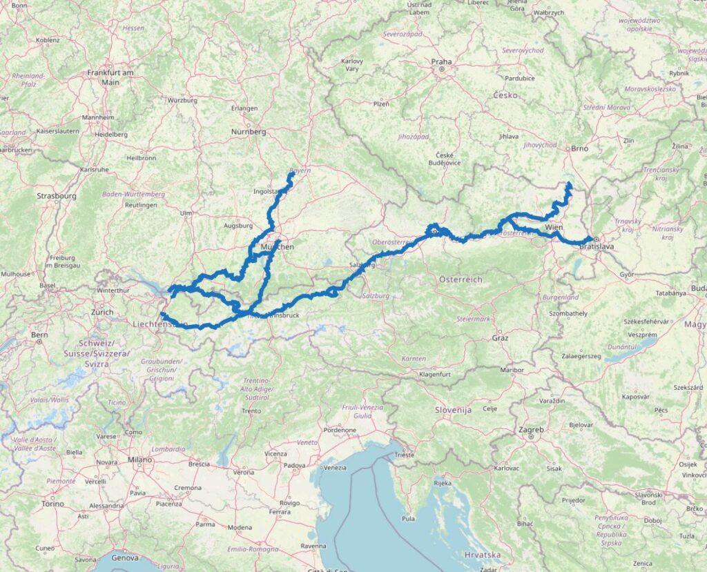 Carte des principaux chemins de Compostelle en Autriche