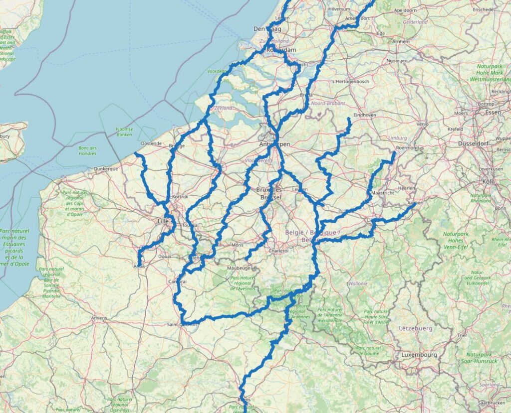 Carte des chemins de Compostelle en Belgique