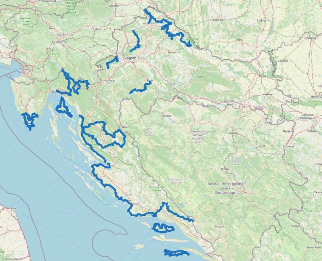 Carte des chemins de Compostelle en Croatie