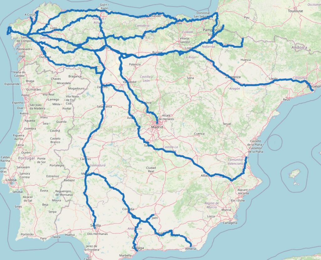 Carte des chemins de Compostelle en Espagne