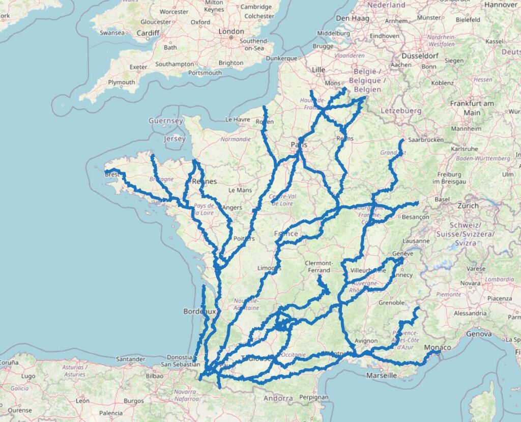 Carte des chemins de Compostelle en France