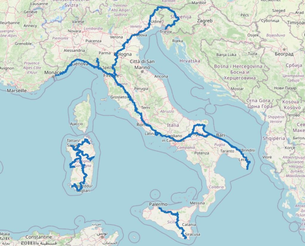 Carte des chemins de Compostelle en Italie