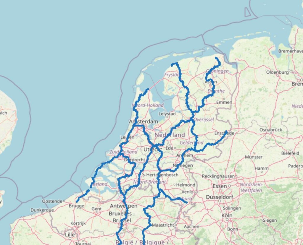 Carte des chemins de Compostelle aux Pays-Bas