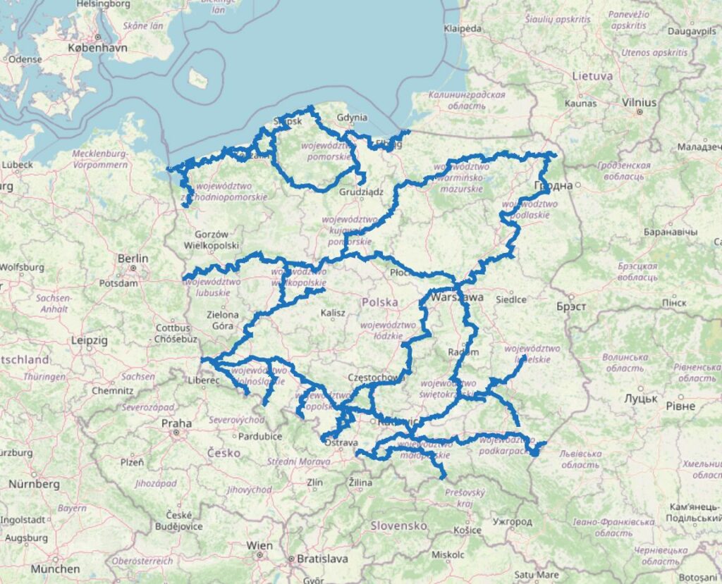 Carte des chemins de Compostelle en Pologne