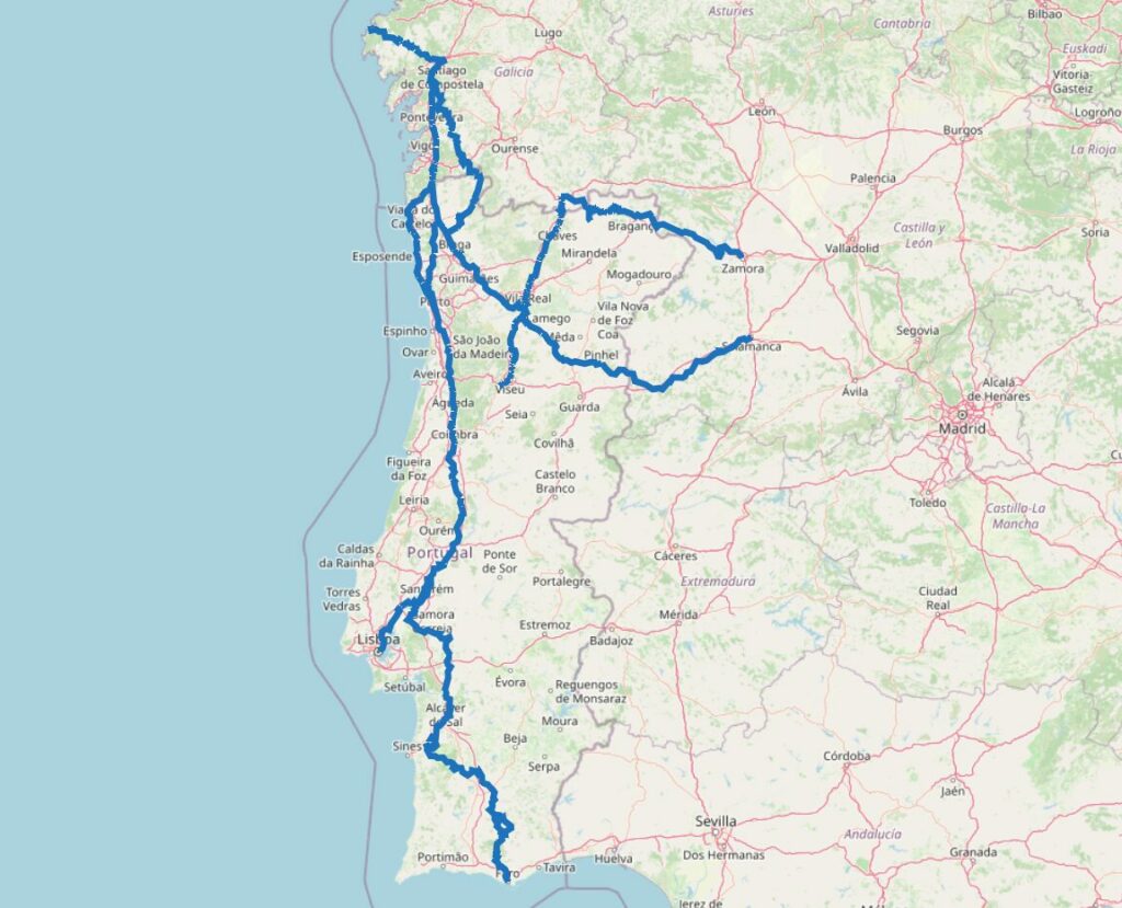 Carte des chemins de Compostelle au Portugal