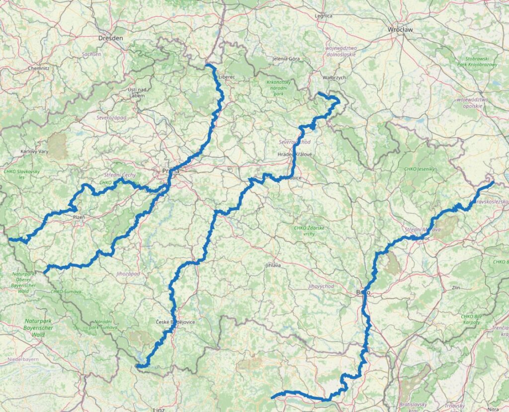 Carte des chemins de Compostelle en République Tchèque