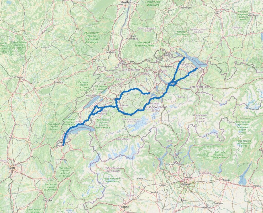 Carte des chemins de Compostelle en Suisse